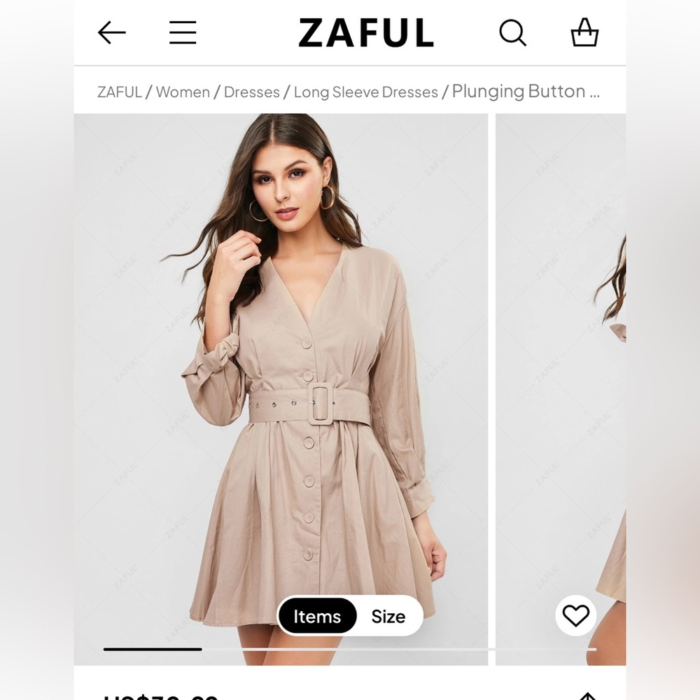 Zaful Women's Plunging Button Up Belted Tie Cuffs Dress